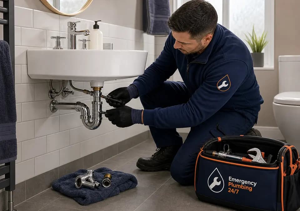 Branded plumber completing bathroom plumbing in a London home