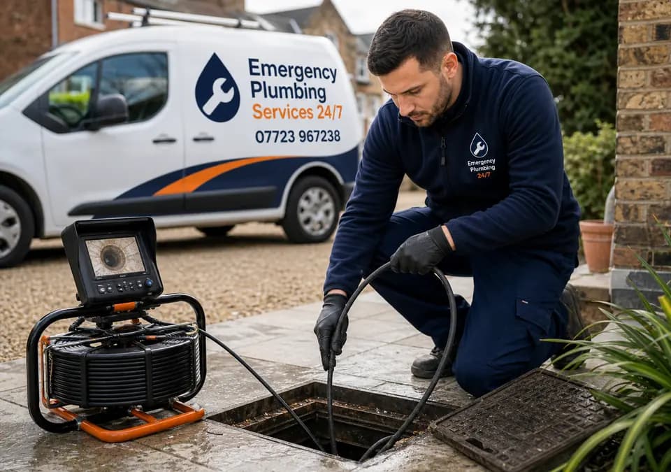 Branded Emergency Plumbing Services 24/7 drainage engineer clearing a London blocked drain