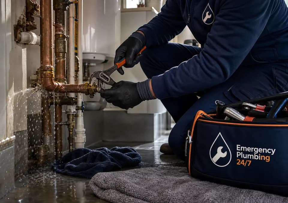 Emergency Plumbing Services 24/7 branded plumber repairing a burst pipe in London