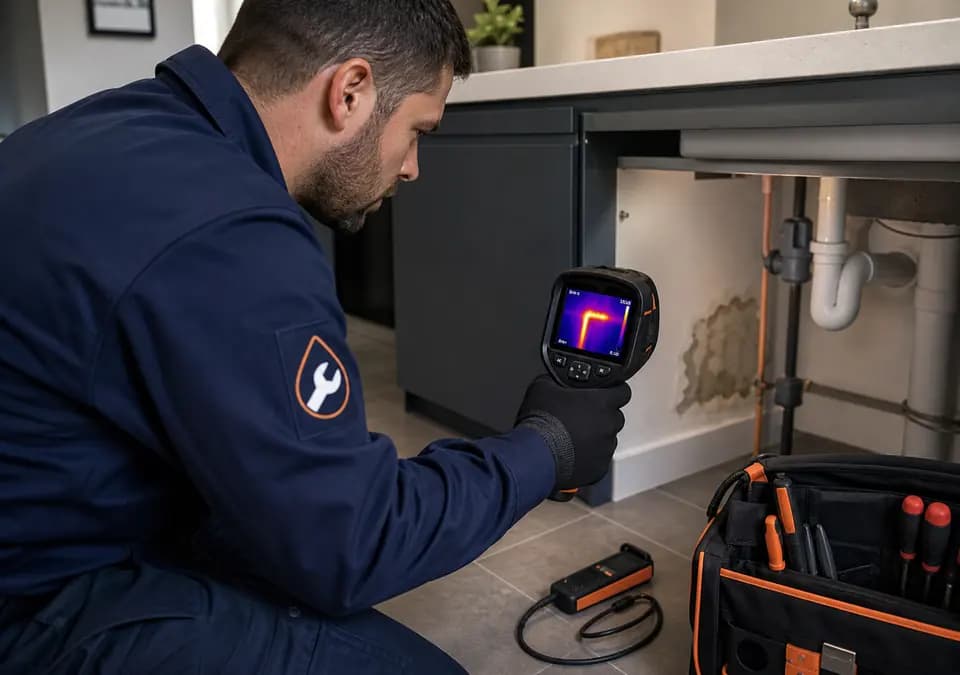 London plumber using leak detection equipment under a sink
