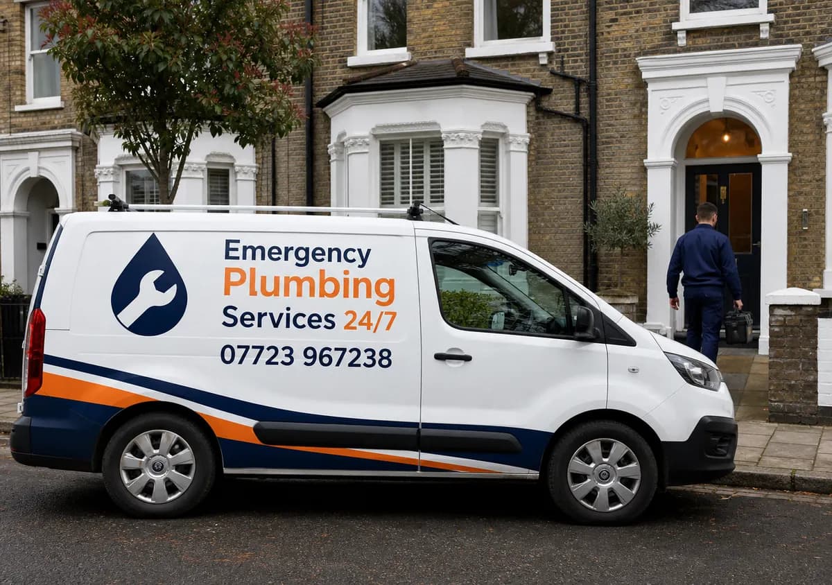 Emergency Plumbing Services 24/7 branded van arriving at a London home